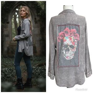 JAK Scull Gauzy Button up Shirt size L Gray